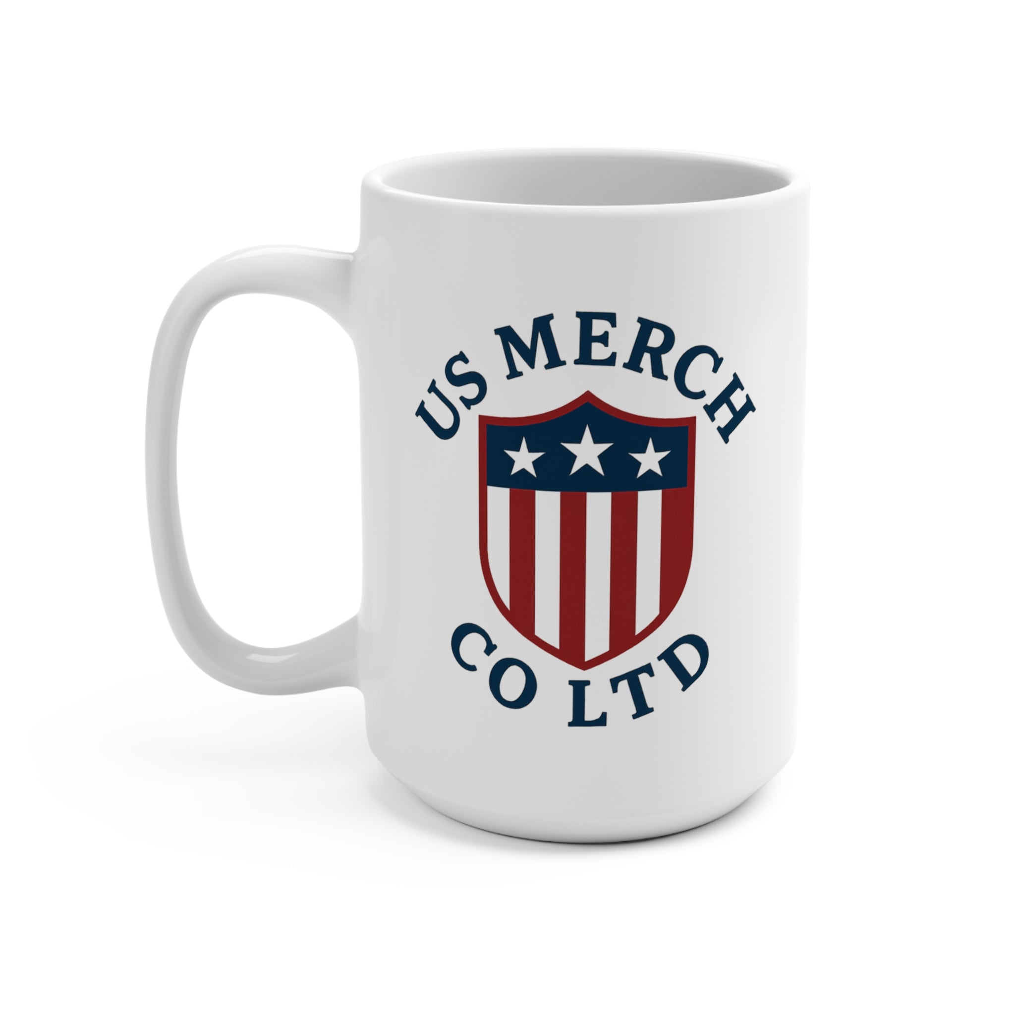 Patriotic Shield 15oz Coffee Mug — "US Merch Co Ltd" Logo